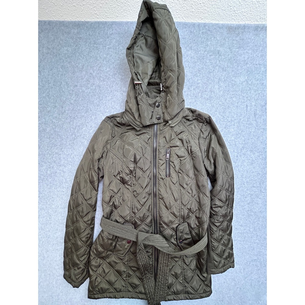 Sebby Collection Olive Green Quilted Belted Jacket with Removable Hood Size M